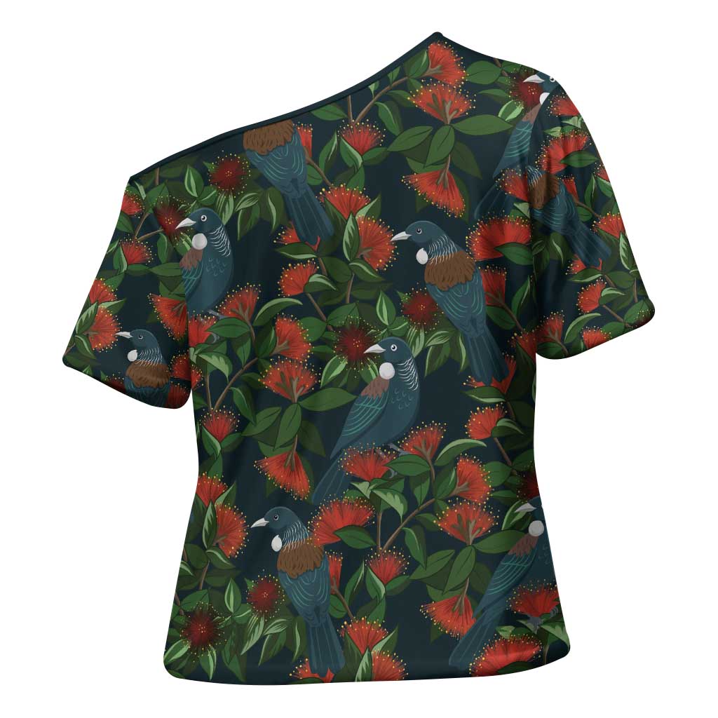 New Zealand Christmas Cross Shoulder Shirt Romantic Tui Birds on Pohutukawa - Cobalt LT7 - Polynesian Pride