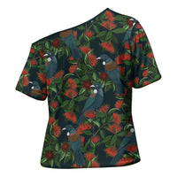 New Zealand Christmas Cross Shoulder Shirt Romantic Tui Birds on Pohutukawa - Cobalt LT7 - Polynesian Pride