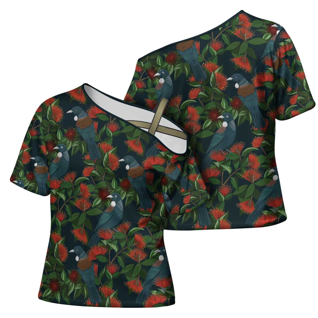 New Zealand Christmas Cross Shoulder Shirt Romantic Tui Birds on Pohutukawa - Cobalt LT7 - Polynesian Pride