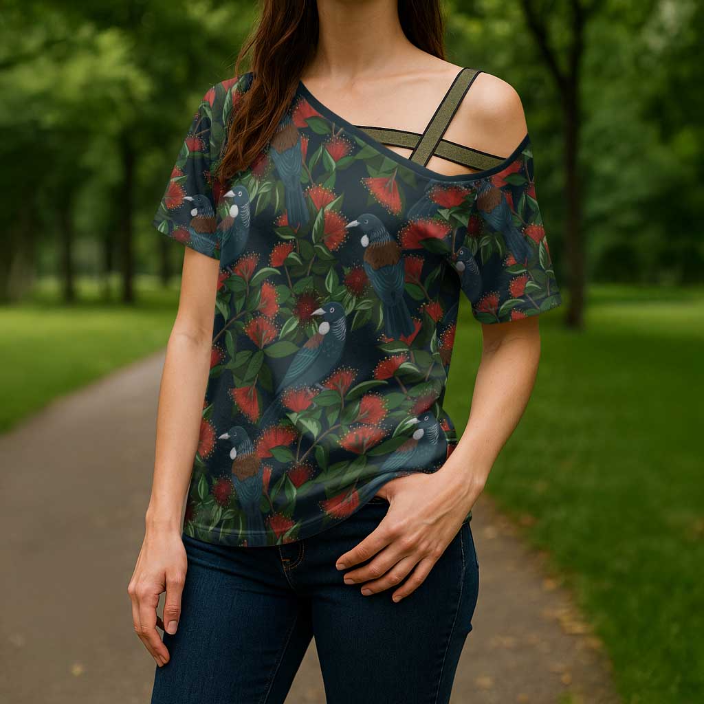 New Zealand Christmas Cross Shoulder Shirt Romantic Tui Birds on Pohutukawa - Cobalt LT7 - Polynesian Pride