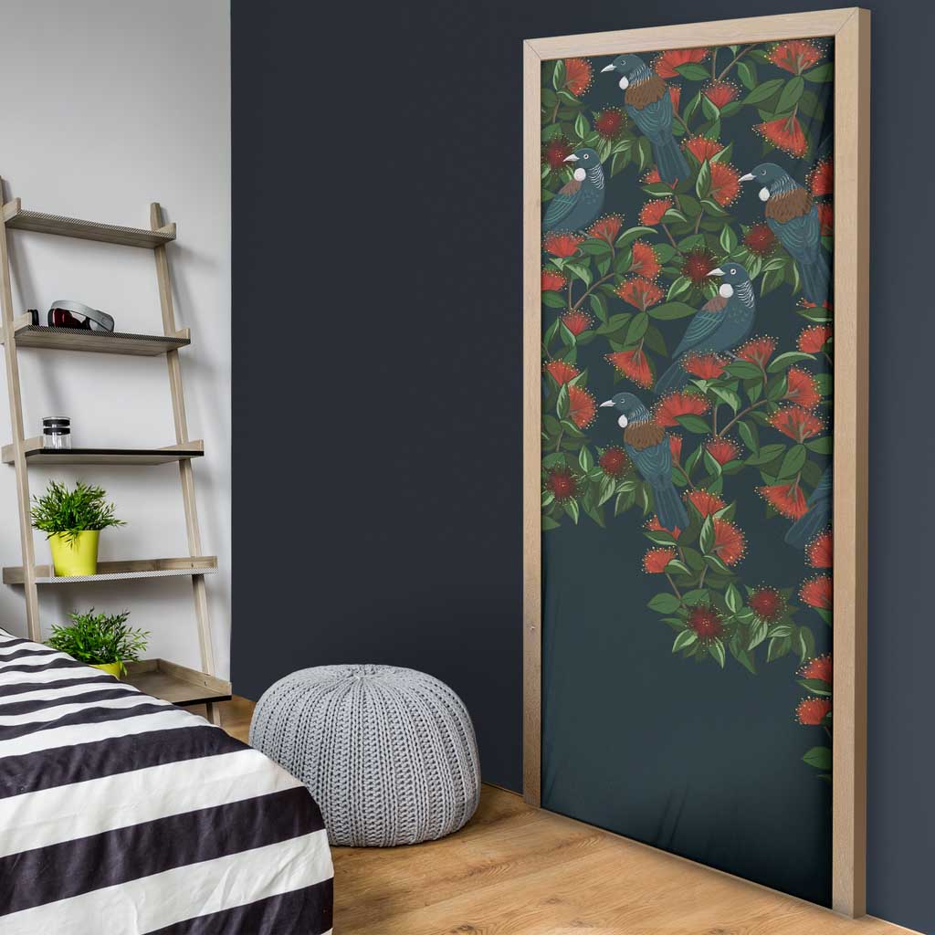 New Zealand Christmas Door Cover Romantic Tui Birds on Pohutukawa - Cobalt LT7 - Polynesian Pride