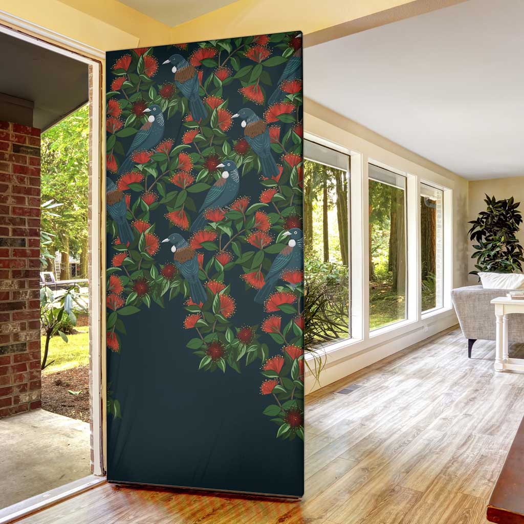 New Zealand Christmas Door Cover Romantic Tui Birds on Pohutukawa - Cobalt LT7 - Polynesian Pride