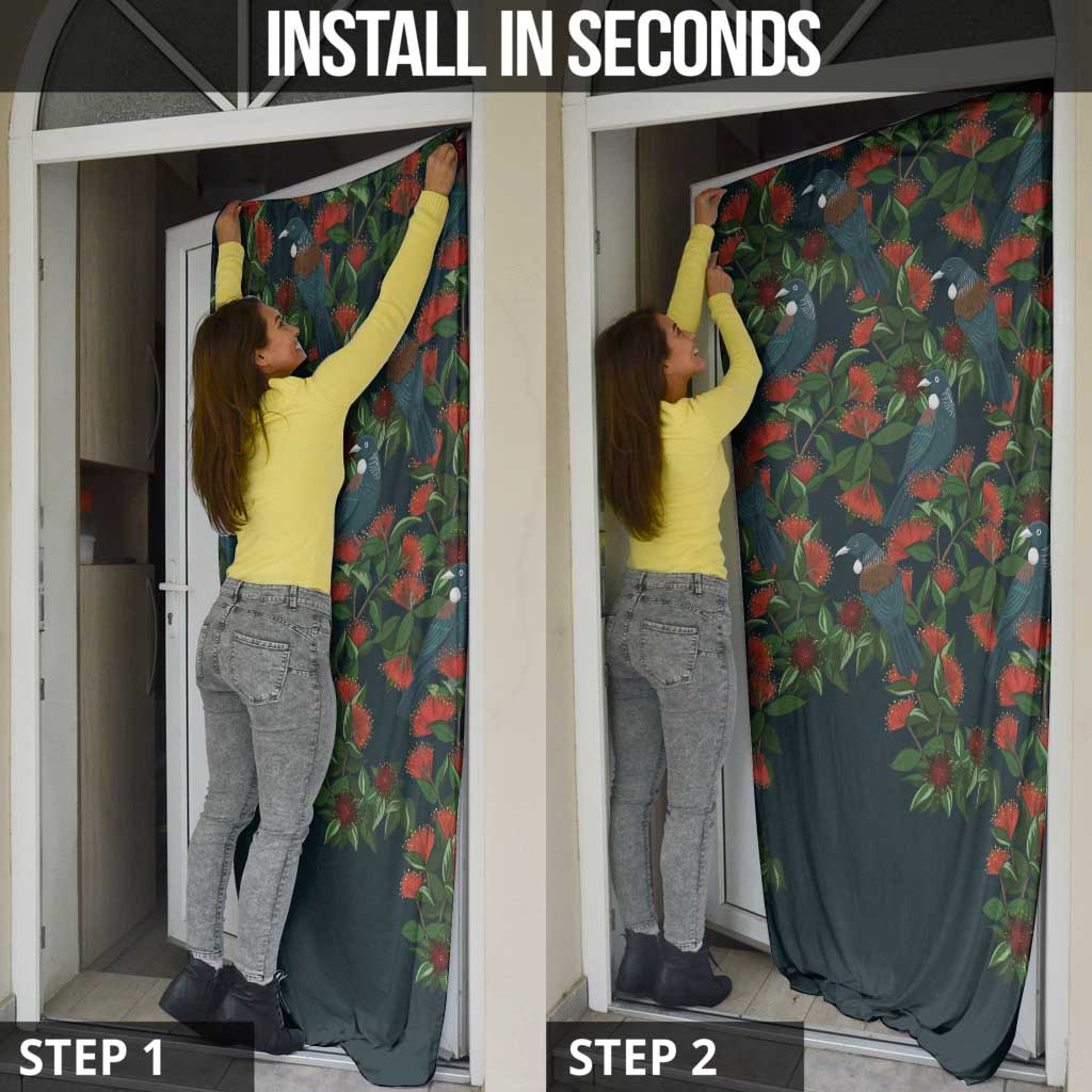 New Zealand Christmas Door Cover Romantic Tui Birds on Pohutukawa - Cobalt LT7 - Polynesian Pride