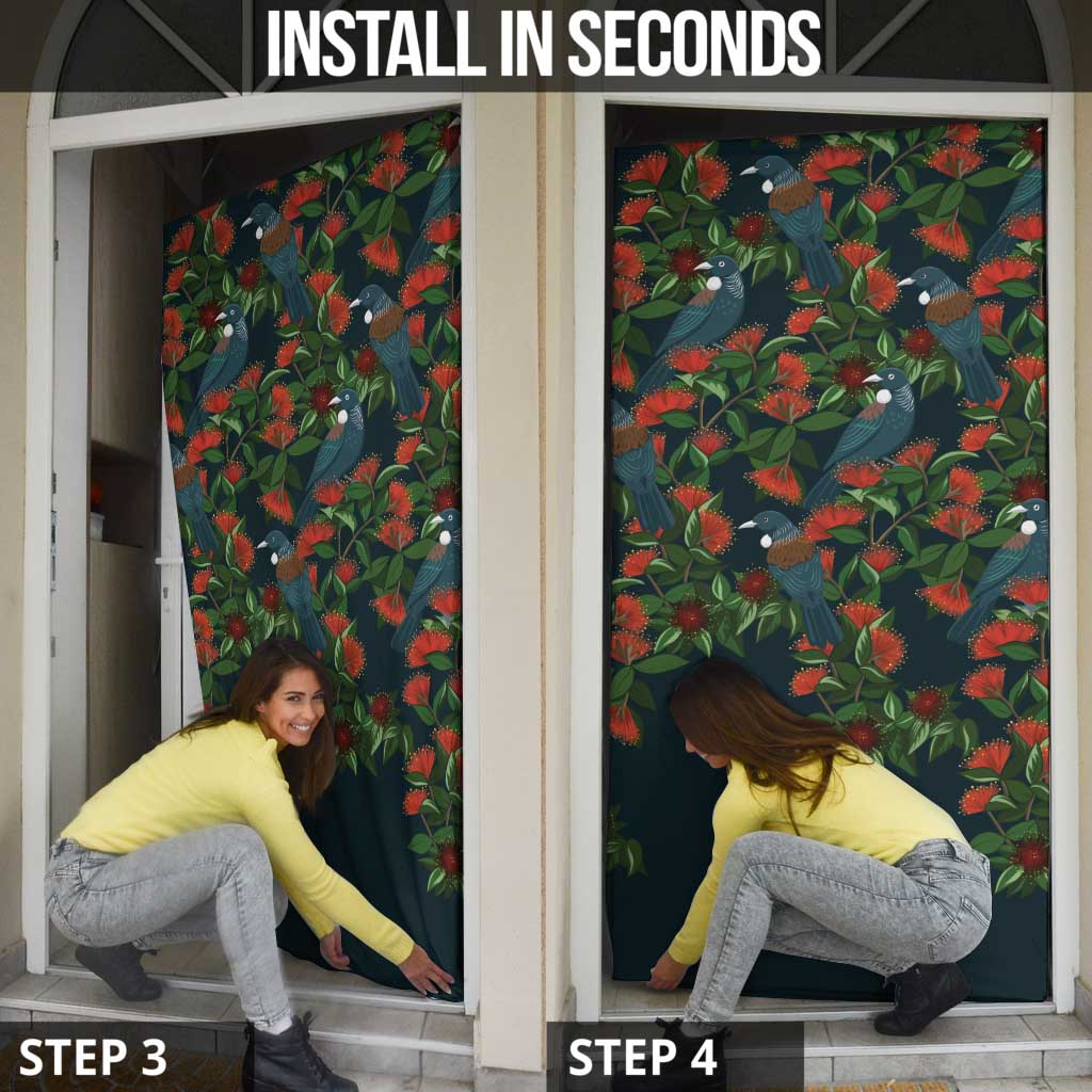 New Zealand Christmas Door Cover Romantic Tui Birds on Pohutukawa - Cobalt LT7 - Polynesian Pride