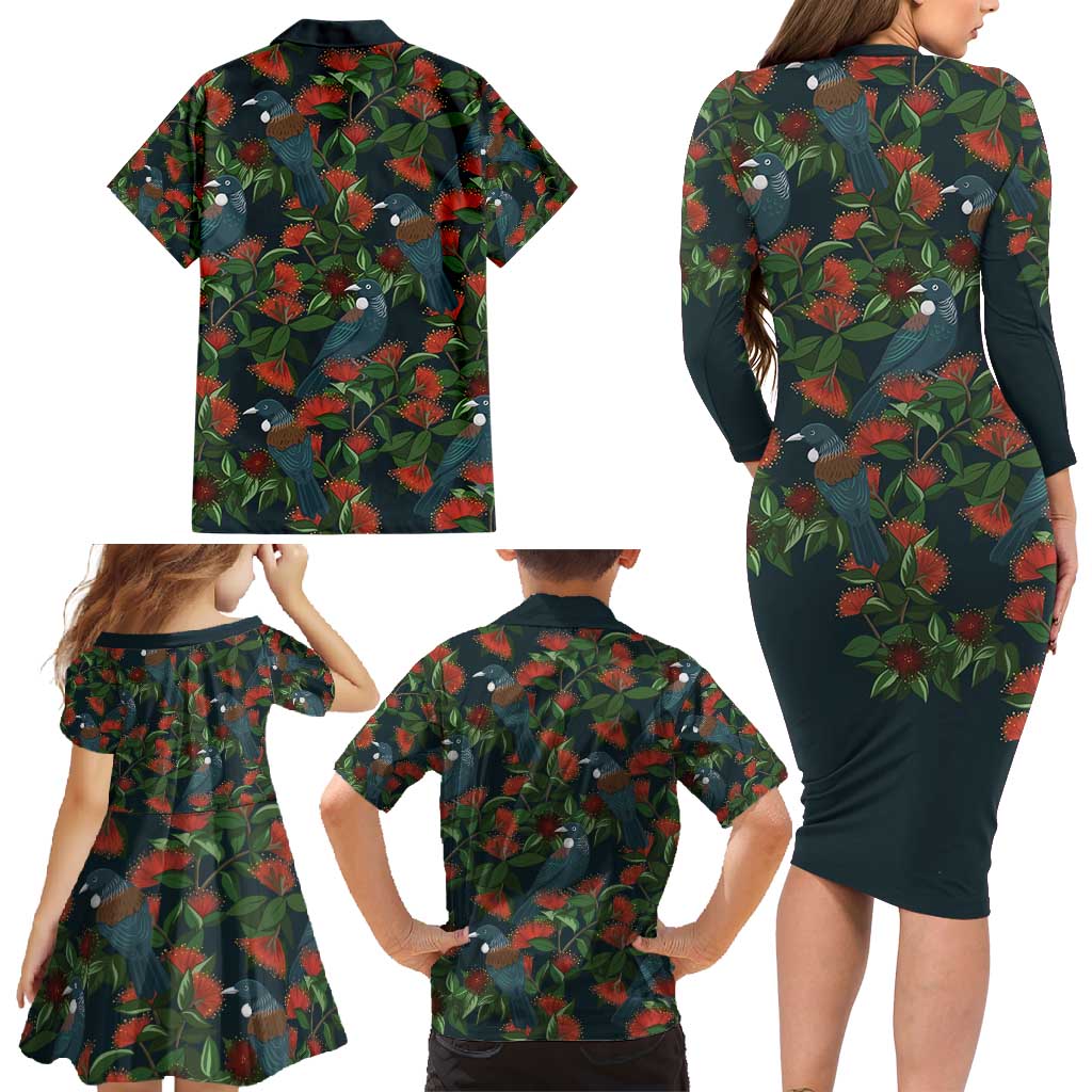 New Zealand Christmas Family Matching Long Sleeve Bodycon Dress and Hawaiian Shirt Romantic Tui Birds on Pohutukawa - Cobalt LT7 - Polynesian Pride