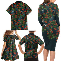 New Zealand Christmas Family Matching Long Sleeve Bodycon Dress and Hawaiian Shirt Romantic Tui Birds on Pohutukawa - Cobalt LT7 - Polynesian Pride