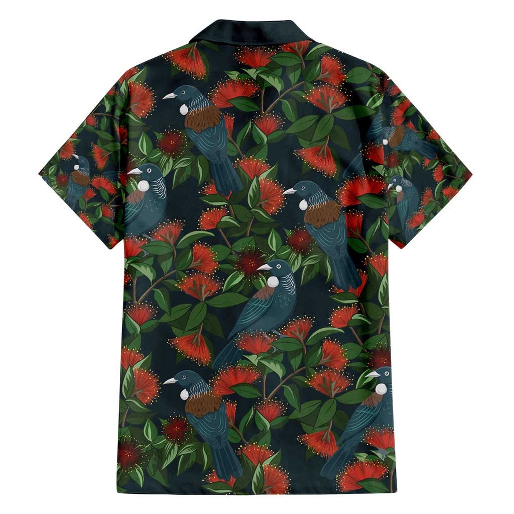 New Zealand Christmas Family Matching Long Sleeve Bodycon Dress and Hawaiian Shirt Romantic Tui Birds on Pohutukawa - Cobalt LT7 - Polynesian Pride
