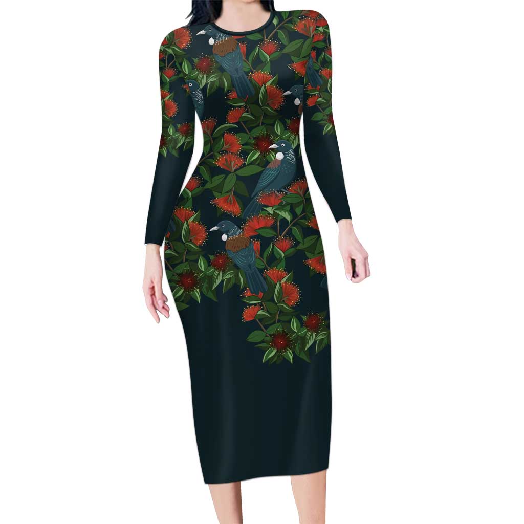 New Zealand Christmas Family Matching Long Sleeve Bodycon Dress and Hawaiian Shirt Romantic Tui Birds on Pohutukawa - Cobalt LT7 Mom's Dress Cobalt - Polynesian Pride