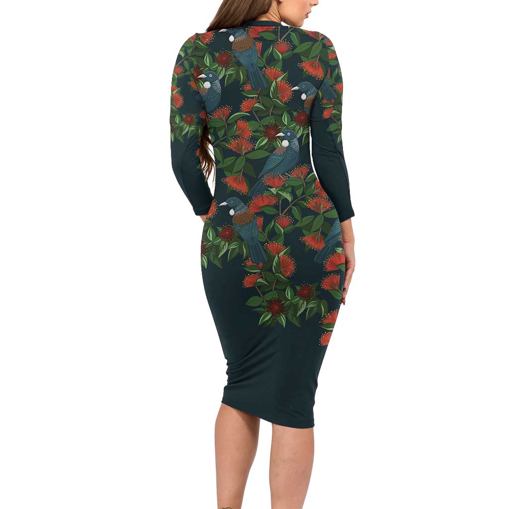 New Zealand Christmas Family Matching Long Sleeve Bodycon Dress and Hawaiian Shirt Romantic Tui Birds on Pohutukawa - Cobalt LT7 - Polynesian Pride