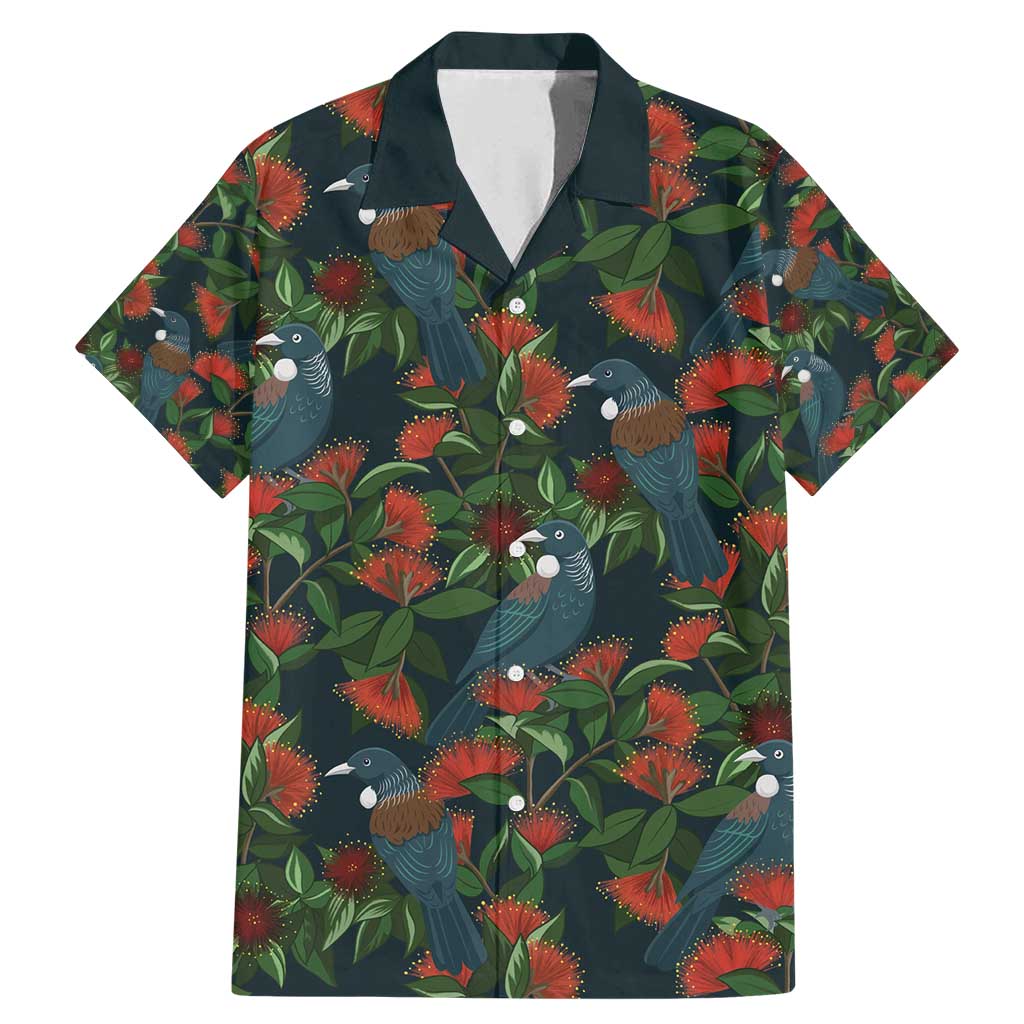 New Zealand Christmas Family Matching Mermaid Dress and Hawaiian Shirt Romantic Tui Birds on Pohutukawa - Cobalt LT7 Dad's Shirt - Short Sleeve Cobalt - Polynesian Pride