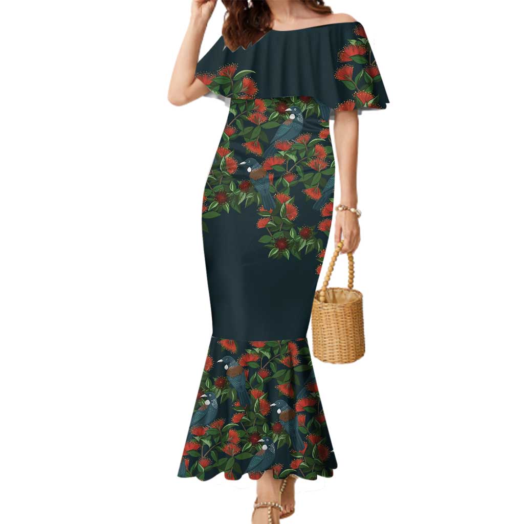 New Zealand Christmas Family Matching Mermaid Dress and Hawaiian Shirt Romantic Tui Birds on Pohutukawa - Cobalt LT7 Mom's Dress Cobalt - Polynesian Pride