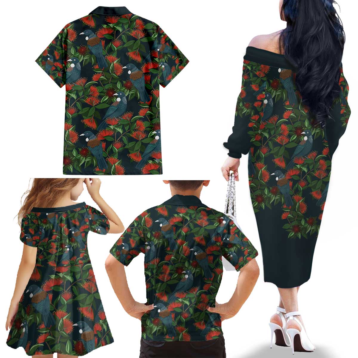 New Zealand Christmas Family Matching Off The Shoulder Long Sleeve Dress and Hawaiian Shirt Romantic Tui Birds on Pohutukawa - Cobalt LT7 - Polynesian Pride