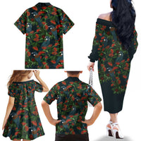 New Zealand Christmas Family Matching Off The Shoulder Long Sleeve Dress and Hawaiian Shirt Romantic Tui Birds on Pohutukawa - Cobalt LT7 - Polynesian Pride