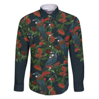 New Zealand Christmas Family Matching Off The Shoulder Long Sleeve Dress and Hawaiian Shirt Romantic Tui Birds on Pohutukawa - Cobalt LT7 Dad's Shirt - Long Sleeve Cobalt - Polynesian Pride