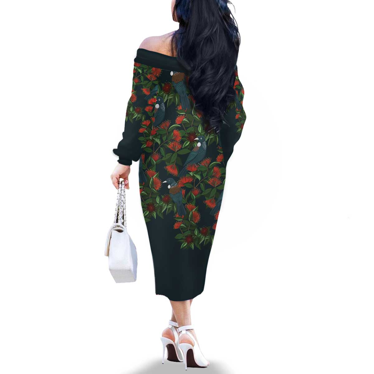 New Zealand Christmas Family Matching Off The Shoulder Long Sleeve Dress and Hawaiian Shirt Romantic Tui Birds on Pohutukawa - Cobalt LT7 - Polynesian Pride