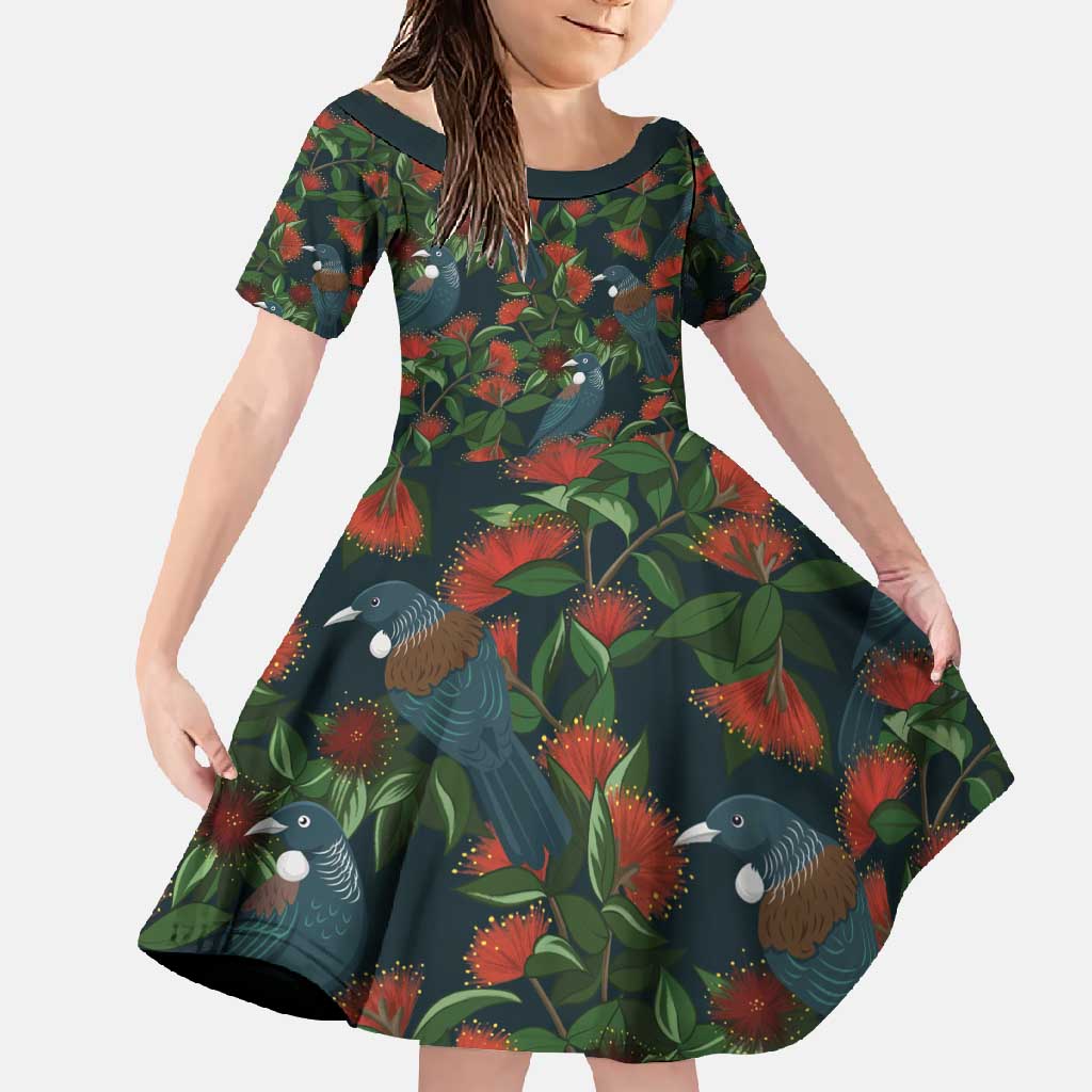 New Zealand Christmas Family Matching Off Shoulder Maxi Dress and Hawaiian Shirt Romantic Tui Birds on Pohutukawa - Cobalt LT7 Daughter's Dress Cobalt - Polynesian Pride