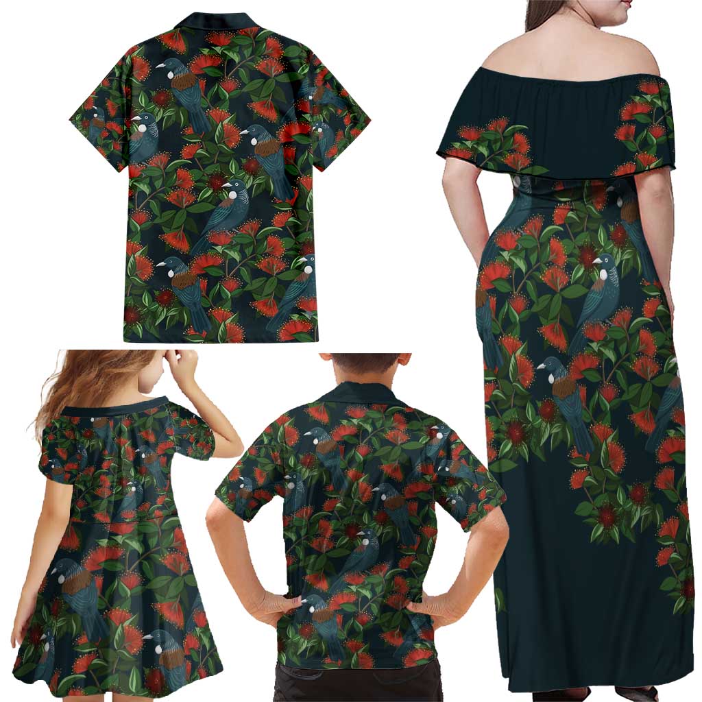 New Zealand Christmas Family Matching Off Shoulder Maxi Dress and Hawaiian Shirt Romantic Tui Birds on Pohutukawa - Cobalt LT7 - Polynesian Pride