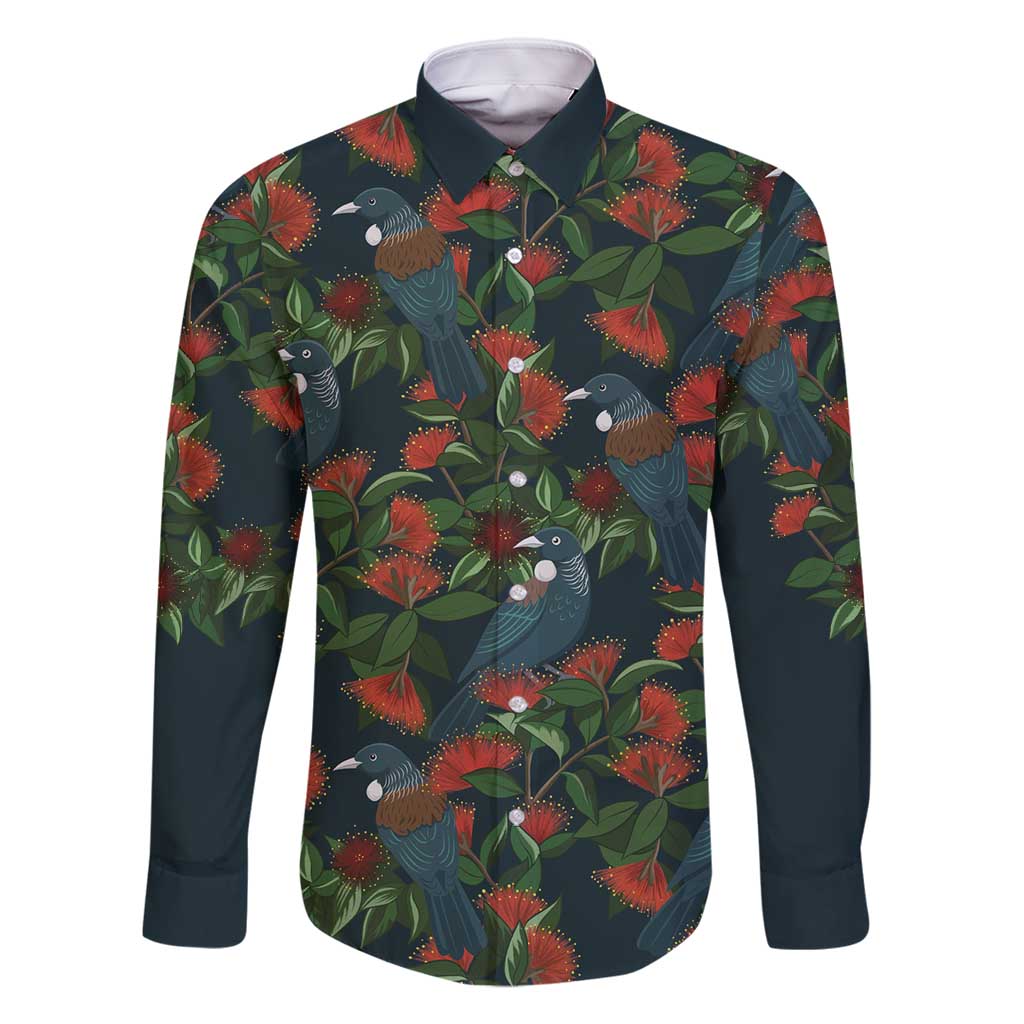 New Zealand Christmas Family Matching Off Shoulder Maxi Dress and Hawaiian Shirt Romantic Tui Birds on Pohutukawa - Cobalt LT7 Dad's Shirt - Long Sleeve Cobalt - Polynesian Pride