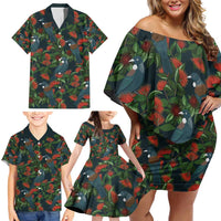 New Zealand Christmas Family Matching Off Shoulder Short Dress and Hawaiian Shirt Romantic Tui Birds on Pohutukawa - Cobalt LT7 - Polynesian Pride