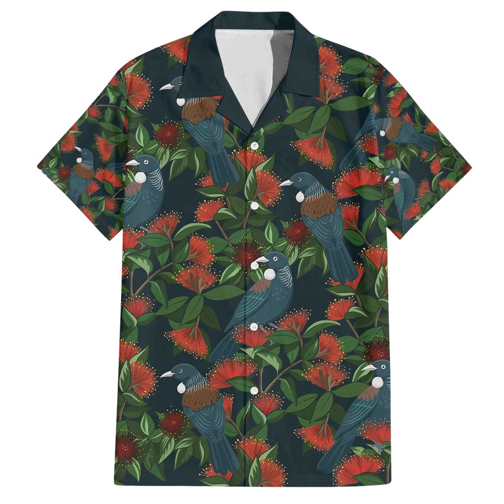 New Zealand Christmas Family Matching Off Shoulder Short Dress and Hawaiian Shirt Romantic Tui Birds on Pohutukawa - Cobalt LT7 Dad's Shirt - Short Sleeve Cobalt - Polynesian Pride
