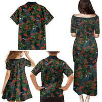 New Zealand Christmas Family Matching Puletasi and Hawaiian Shirt Romantic Tui Birds on Pohutukawa - Cobalt LT7 - Polynesian Pride