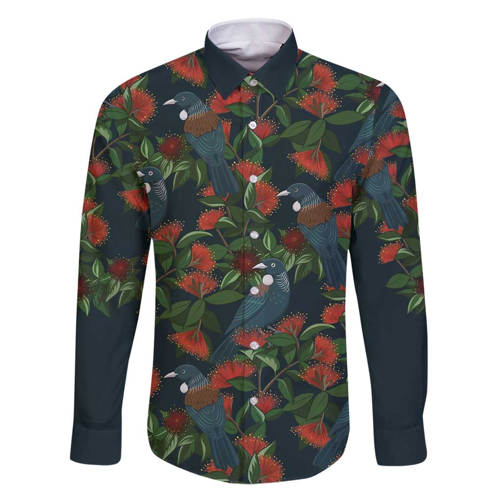 New Zealand Christmas Family Matching Puletasi and Hawaiian Shirt Romantic Tui Birds on Pohutukawa - Cobalt LT7 Dad's Shirt - Long Sleeve Cobalt - Polynesian Pride