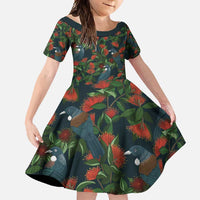 New Zealand Christmas Family Matching Short Sleeve Bodycon Dress and Hawaiian Shirt Romantic Tui Birds on Pohutukawa - Cobalt LT7 Daughter's Dress Cobalt - Polynesian Pride