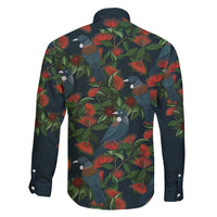 New Zealand Christmas Family Matching Short Sleeve Bodycon Dress and Hawaiian Shirt Romantic Tui Birds on Pohutukawa - Cobalt LT7 - Polynesian Pride