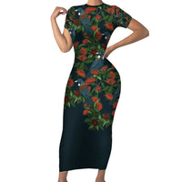 New Zealand Christmas Family Matching Short Sleeve Bodycon Dress and Hawaiian Shirt Romantic Tui Birds on Pohutukawa - Cobalt LT7 Mom's Dress Cobalt - Polynesian Pride
