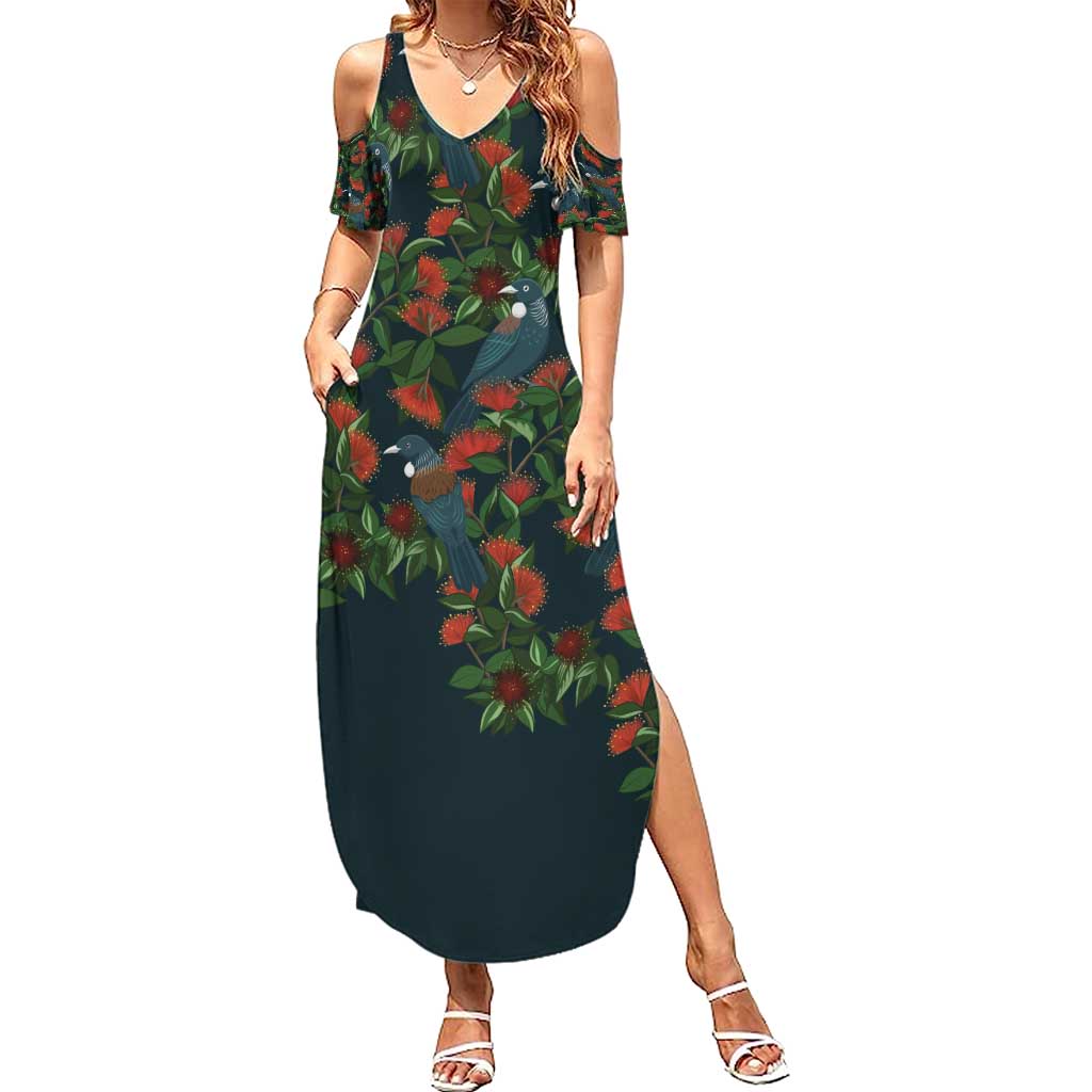 New Zealand Christmas Family Matching Summer Maxi Dress and Hawaiian Shirt Romantic Tui Birds on Pohutukawa - Cobalt LT7 Mom's Dress Cobalt - Polynesian Pride