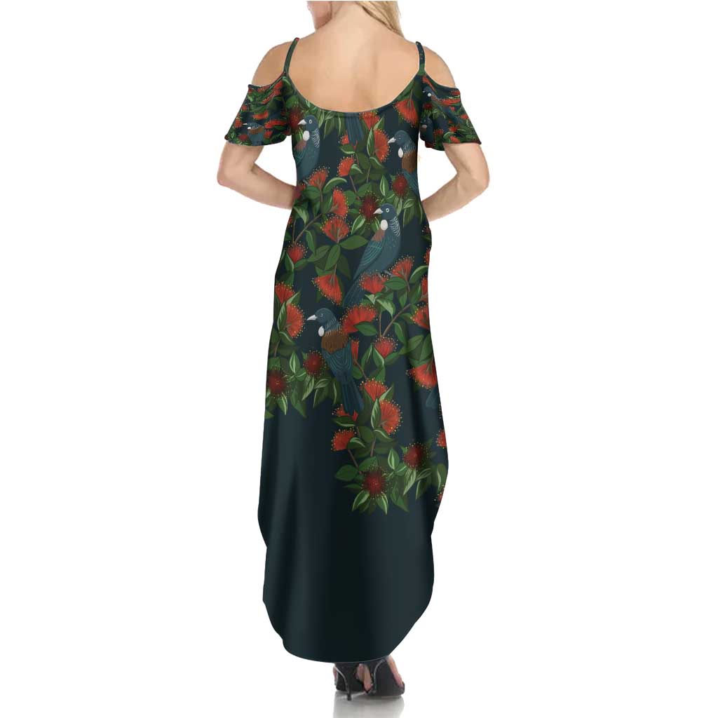 New Zealand Christmas Family Matching Summer Maxi Dress and Hawaiian Shirt Romantic Tui Birds on Pohutukawa - Cobalt LT7 - Polynesian Pride