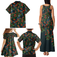 New Zealand Christmas Family Matching Tank Maxi Dress and Hawaiian Shirt Romantic Tui Birds on Pohutukawa - Cobalt LT7 - Polynesian Pride