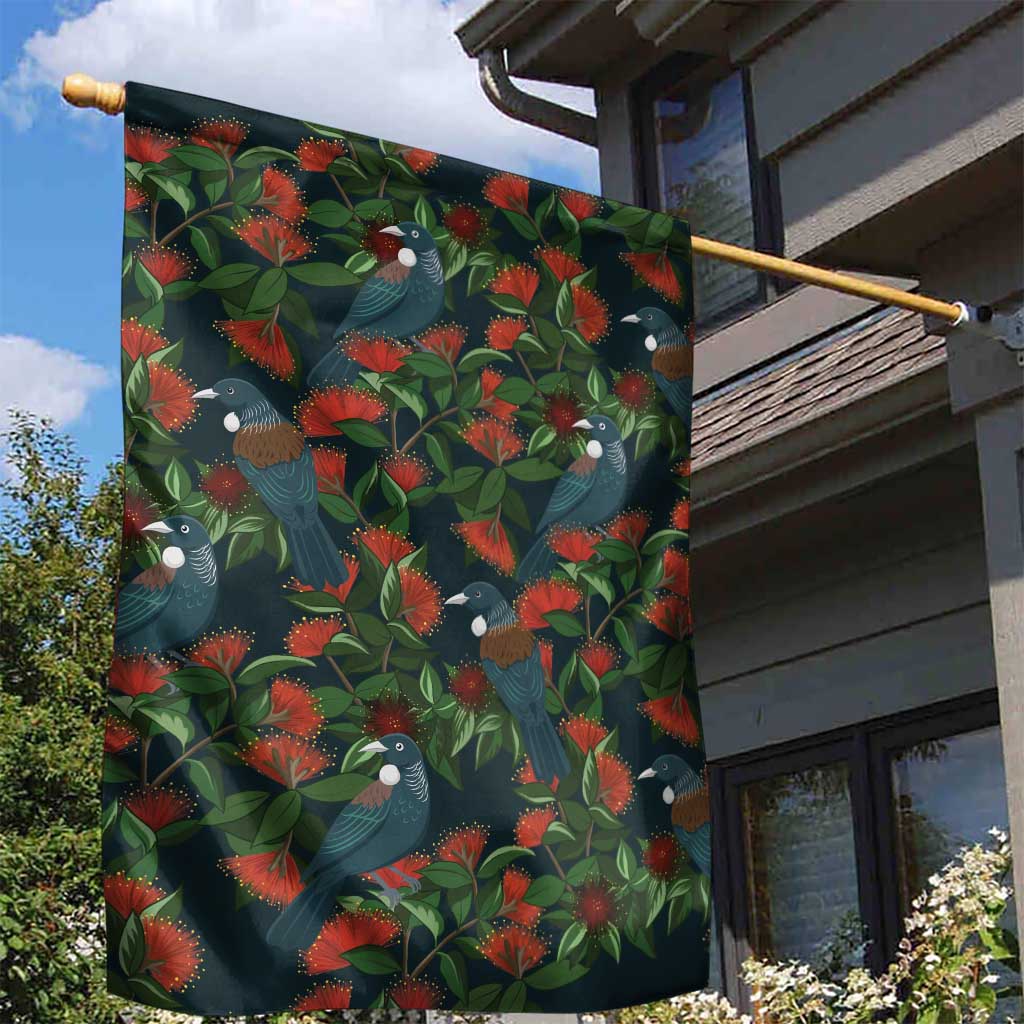New Zealand Christmas Garden Flag Romantic Tui Birds on Pohutukawa - Cobalt LT7 - Polynesian Pride