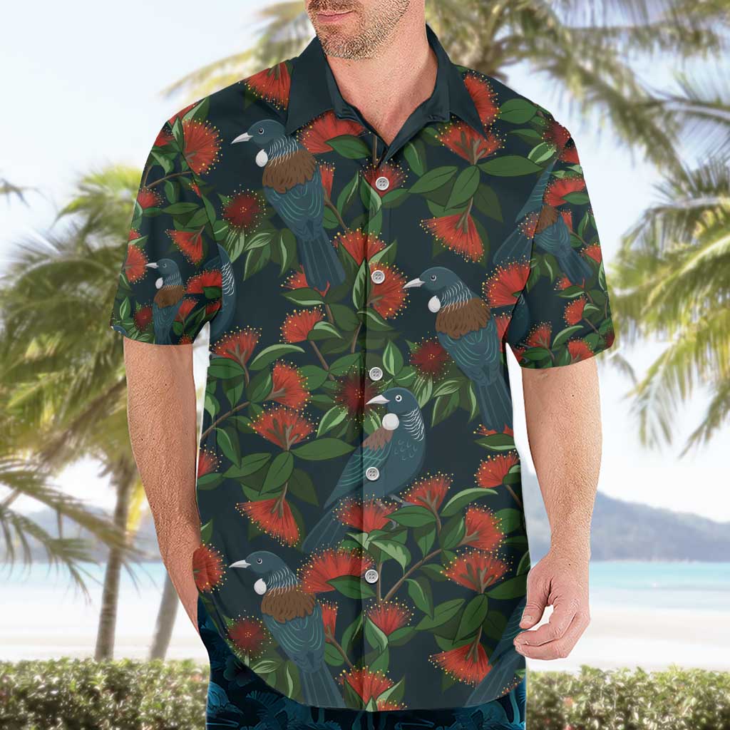 New Zealand Christmas Hawaiian Shirt Romantic Tui Birds on Pohutukawa - Cobalt LT7 - Polynesian Pride