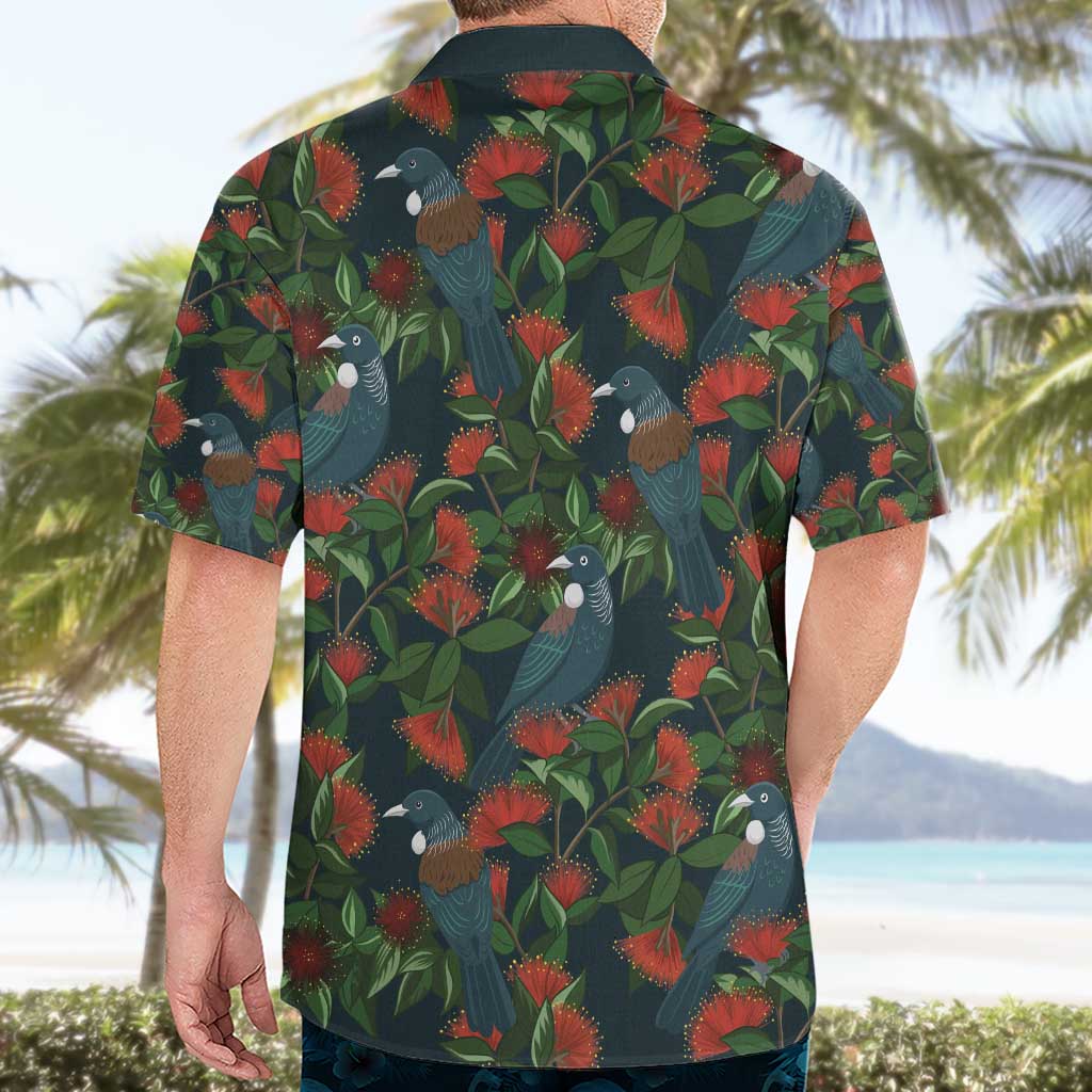 New Zealand Christmas Hawaiian Shirt Romantic Tui Birds on Pohutukawa - Cobalt LT7 - Polynesian Pride