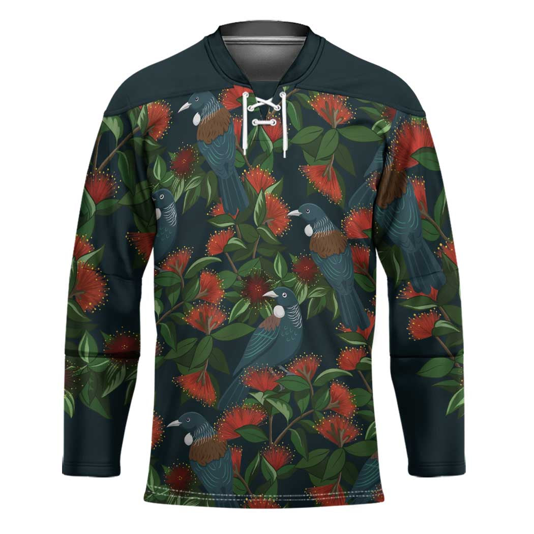 New Zealand Christmas Hockey Jersey Romantic Tui Birds on Pohutukawa - Cobalt LT7 Unisex Cobalt - Polynesian Pride