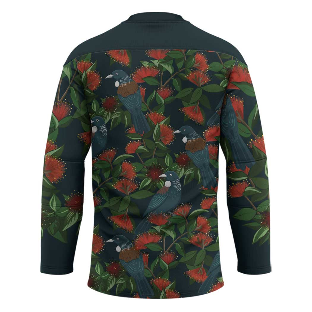 New Zealand Christmas Hockey Jersey Romantic Tui Birds on Pohutukawa - Cobalt LT7 - Polynesian Pride