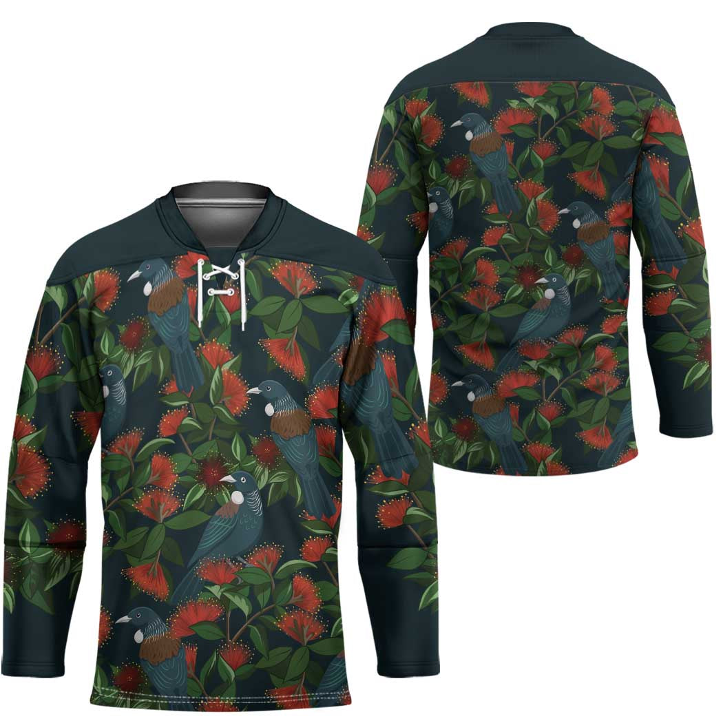 New Zealand Christmas Hockey Jersey Romantic Tui Birds on Pohutukawa - Cobalt LT7 - Polynesian Pride