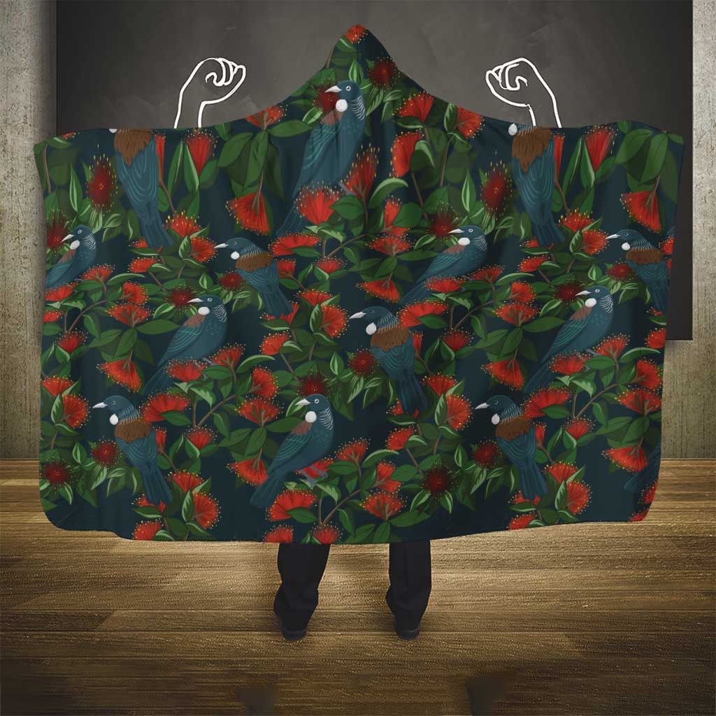 New Zealand Christmas Hooded Blanket Romantic Tui Birds on Pohutukawa - Cobalt LT7 - Polynesian Pride
