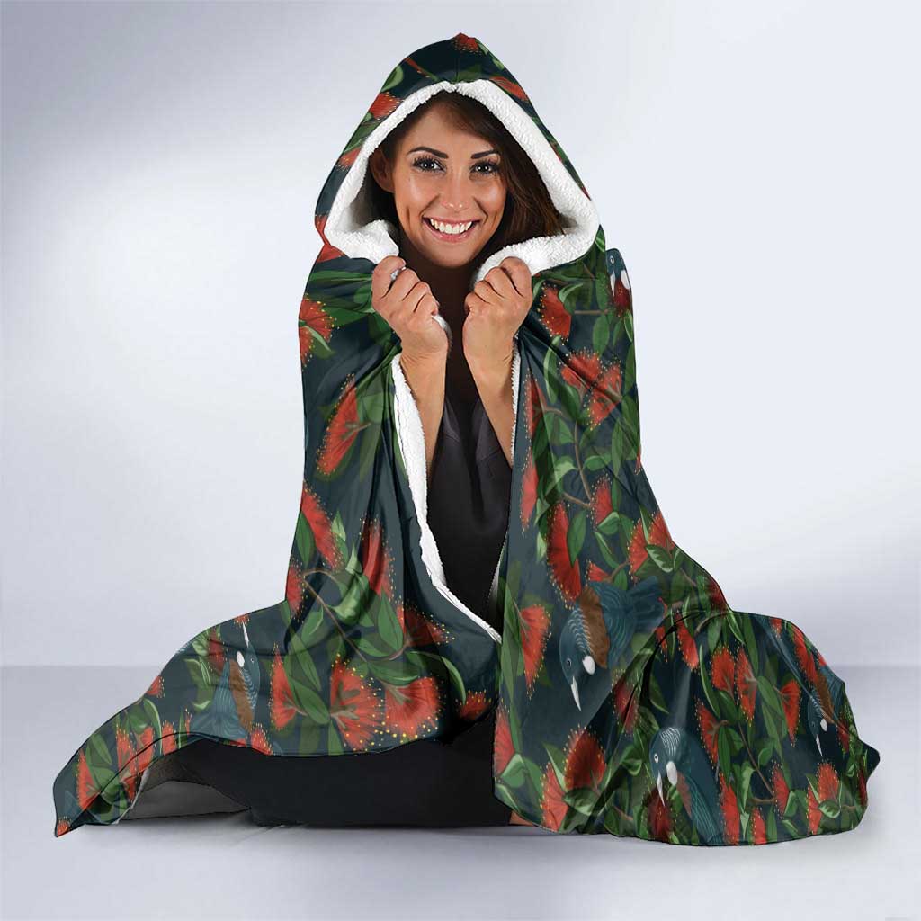 New Zealand Christmas Hooded Blanket Romantic Tui Birds on Pohutukawa - Cobalt LT7 - Polynesian Pride