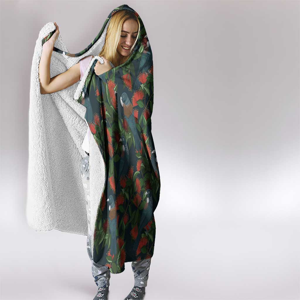 New Zealand Christmas Hooded Blanket Romantic Tui Birds on Pohutukawa - Cobalt LT7 - Polynesian Pride