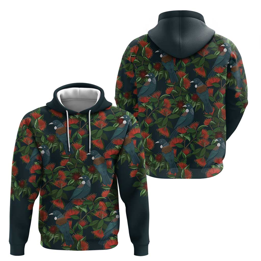 New Zealand Christmas Hoodie Romantic Tui Birds on Pohutukawa - Cobalt LT7 - Polynesian Pride