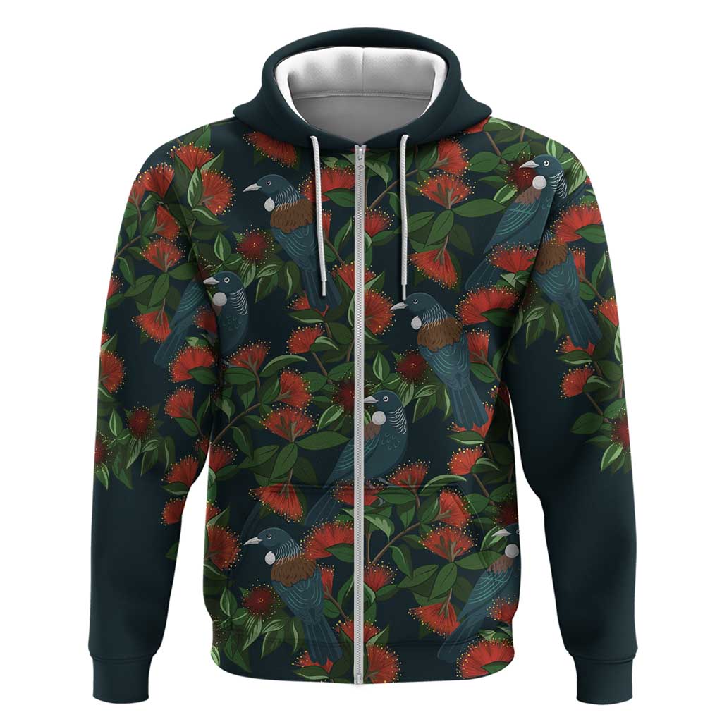 New Zealand Christmas Hoodie Romantic Tui Birds on Pohutukawa - Cobalt LT7 Zip Hoodie Cobalt - Polynesian Pride