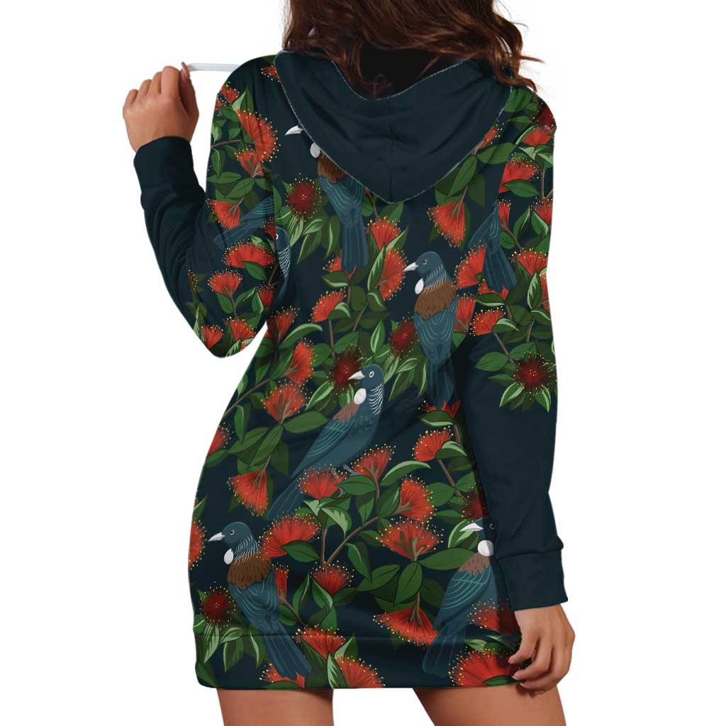 New Zealand Christmas Hoodie Dress Romantic Tui Birds on Pohutukawa - Cobalt LT7 - Polynesian Pride