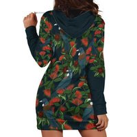 New Zealand Christmas Hoodie Dress Romantic Tui Birds on Pohutukawa - Cobalt LT7 - Polynesian Pride