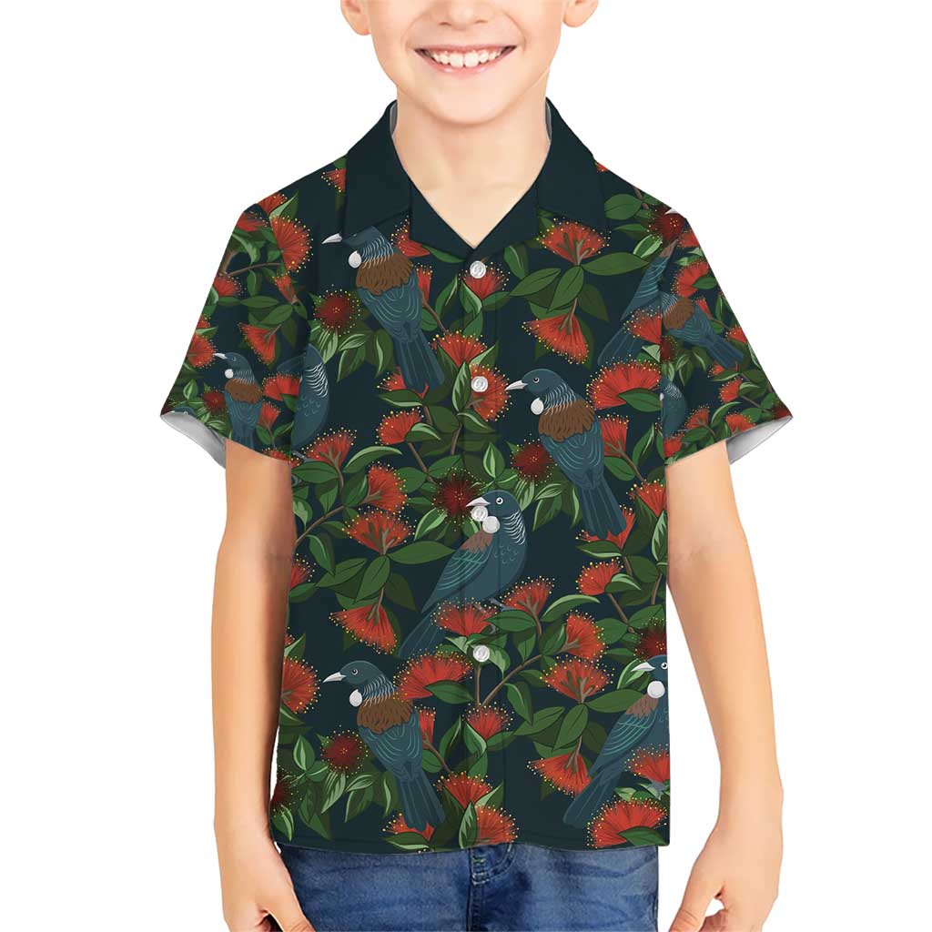 New Zealand Christmas Kid Hawaiian Shirt Romantic Tui Birds on Pohutukawa - Cobalt LT7 Kid Cobalt - Polynesian Pride