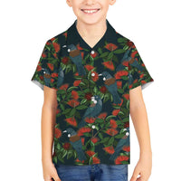 New Zealand Christmas Kid Hawaiian Shirt Romantic Tui Birds on Pohutukawa - Cobalt LT7 Kid Cobalt - Polynesian Pride