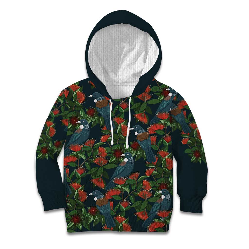 New Zealand Christmas Kid Hoodie Romantic Tui Birds on Pohutukawa - Cobalt LT7 Hoodie Cobalt - Polynesian Pride