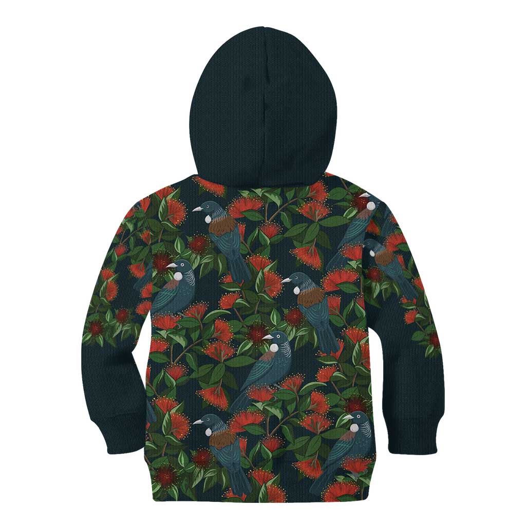 New Zealand Christmas Kid Hoodie Romantic Tui Birds on Pohutukawa - Cobalt LT7 - Polynesian Pride