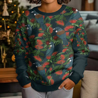 New Zealand Christmas Kid Ugly Christmas Sweater Romantic Tui Birds on Pohutukawa - Cobalt LT7 - Polynesian Pride